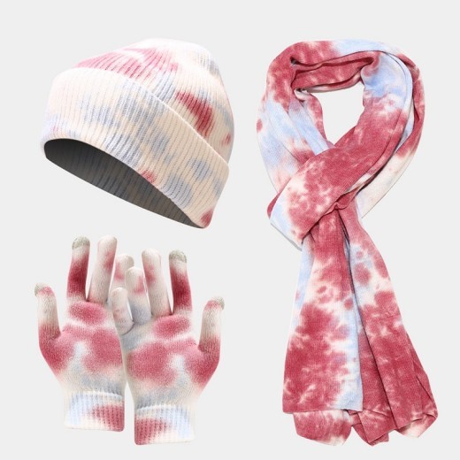 Tie-dye Knitted Hat Gloves Scarf Suit