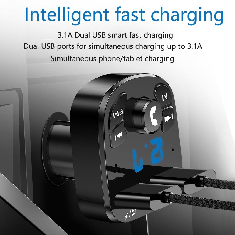 Car MP3 Player Bluetooth 5.0 FM Transmitter with Dual USB Fast Charger and Hands-Free Calling