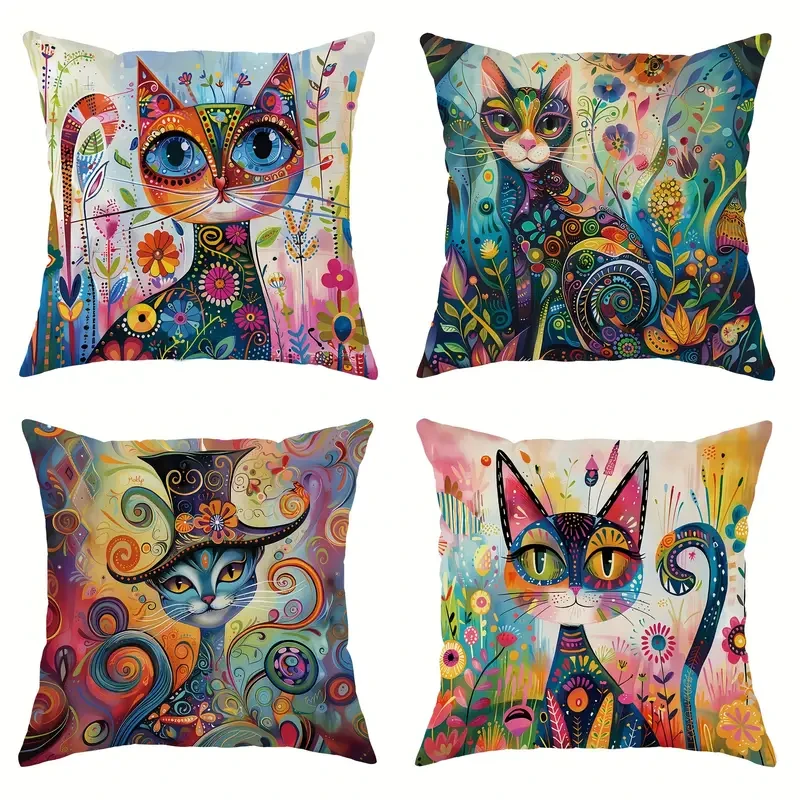JIT 4-Pack Contemporary Throw Cushion Covers Velvet Cat Floral Abstract Art