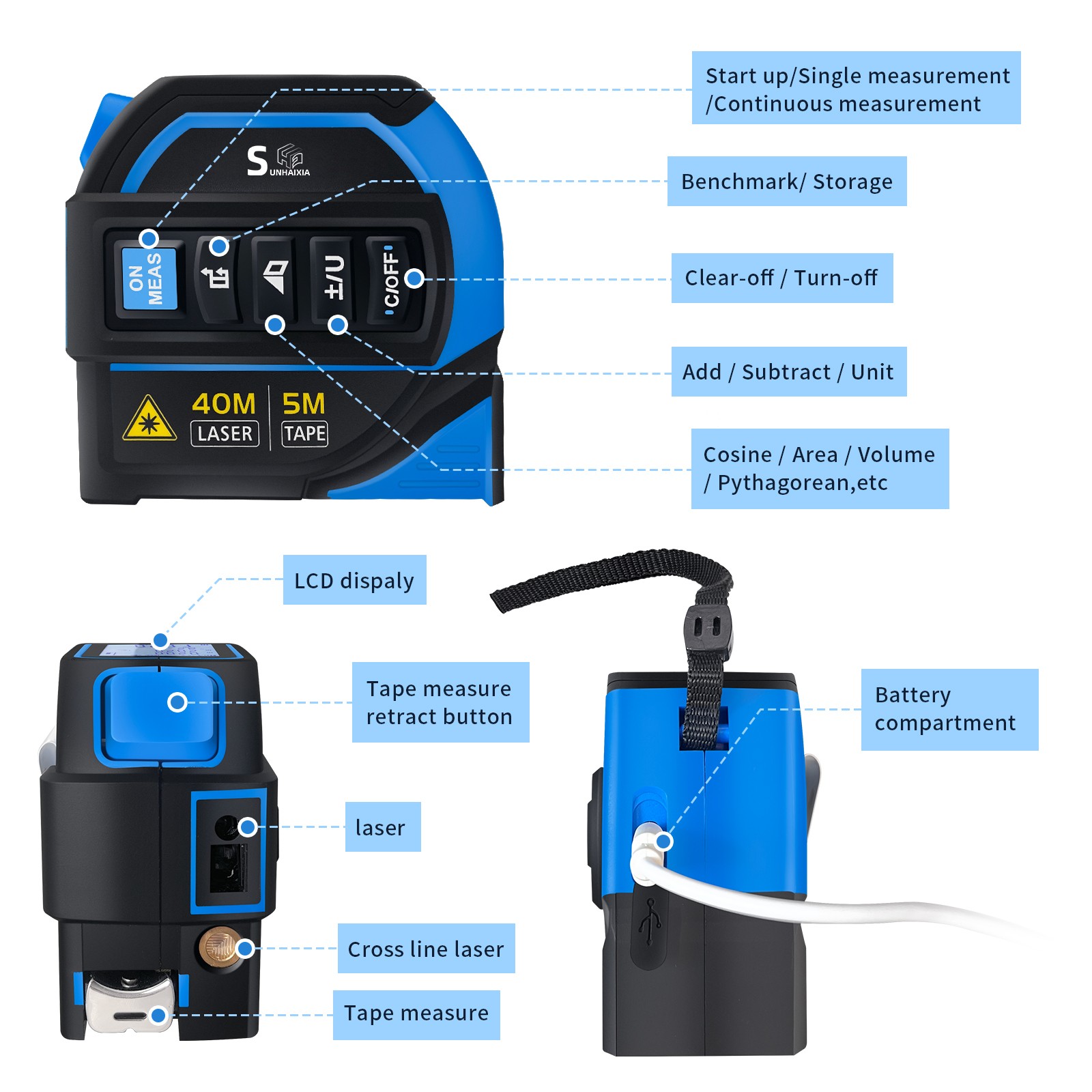 HAIZHIHUI 4-in-1 Digital Laser Distance Meter - Tape Measure with Electronic Level for Linear