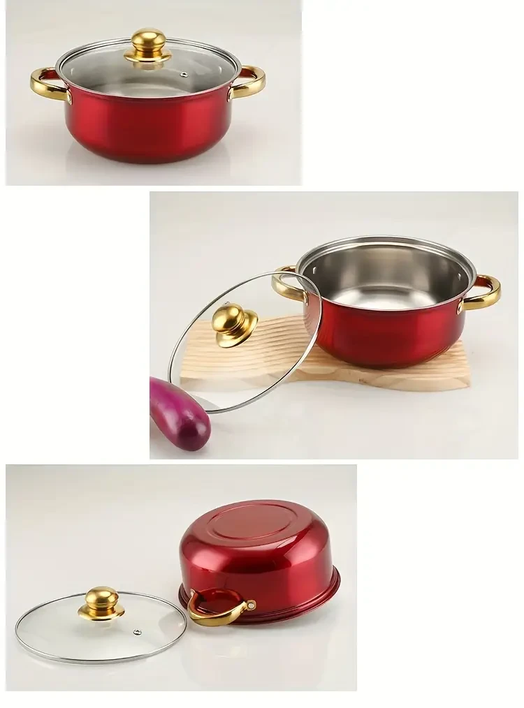 10pcs Colorful Stainless Steel Cookware Set with Anti-Scald Handles & Glass Lids - Perfect for Soups, Milk, Noodles & Porridge, SENBOWE