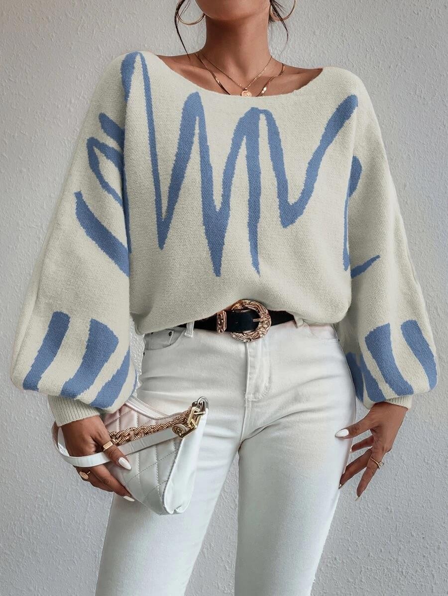 New Lantern-sleeved Pullover Sweater Fashion Line Printed Loose Tops Women's Clothing