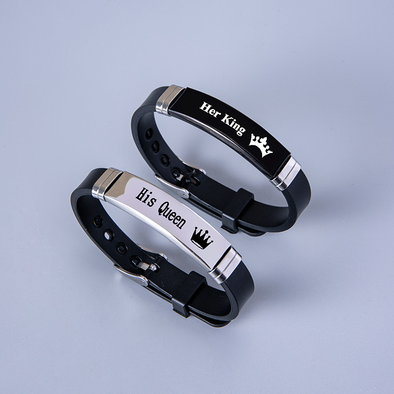 Crown Her King His Queen Stainless Steel Silicone Couple Bracelet Bangle
