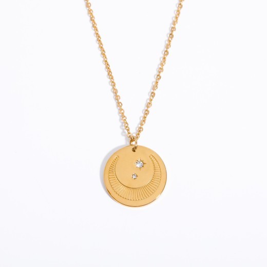 Three-dimensional Sun Moon Round Coin Zircon Necklace