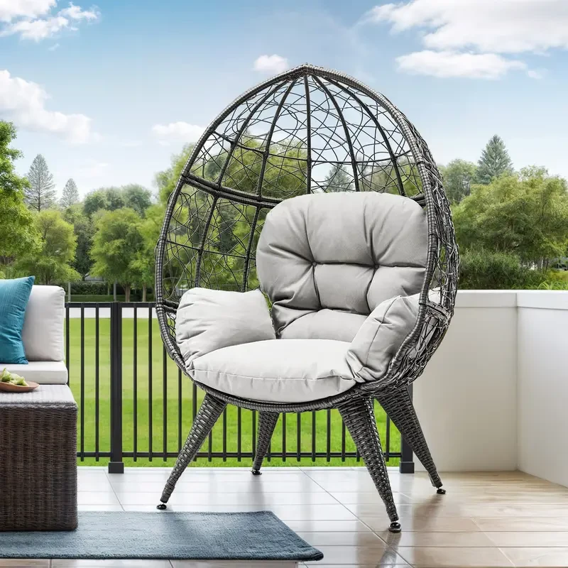Egg Chair with Stand - Rattan Wicker Outdoor/Indoor Lounger with Cushion, 330lbs Capacity