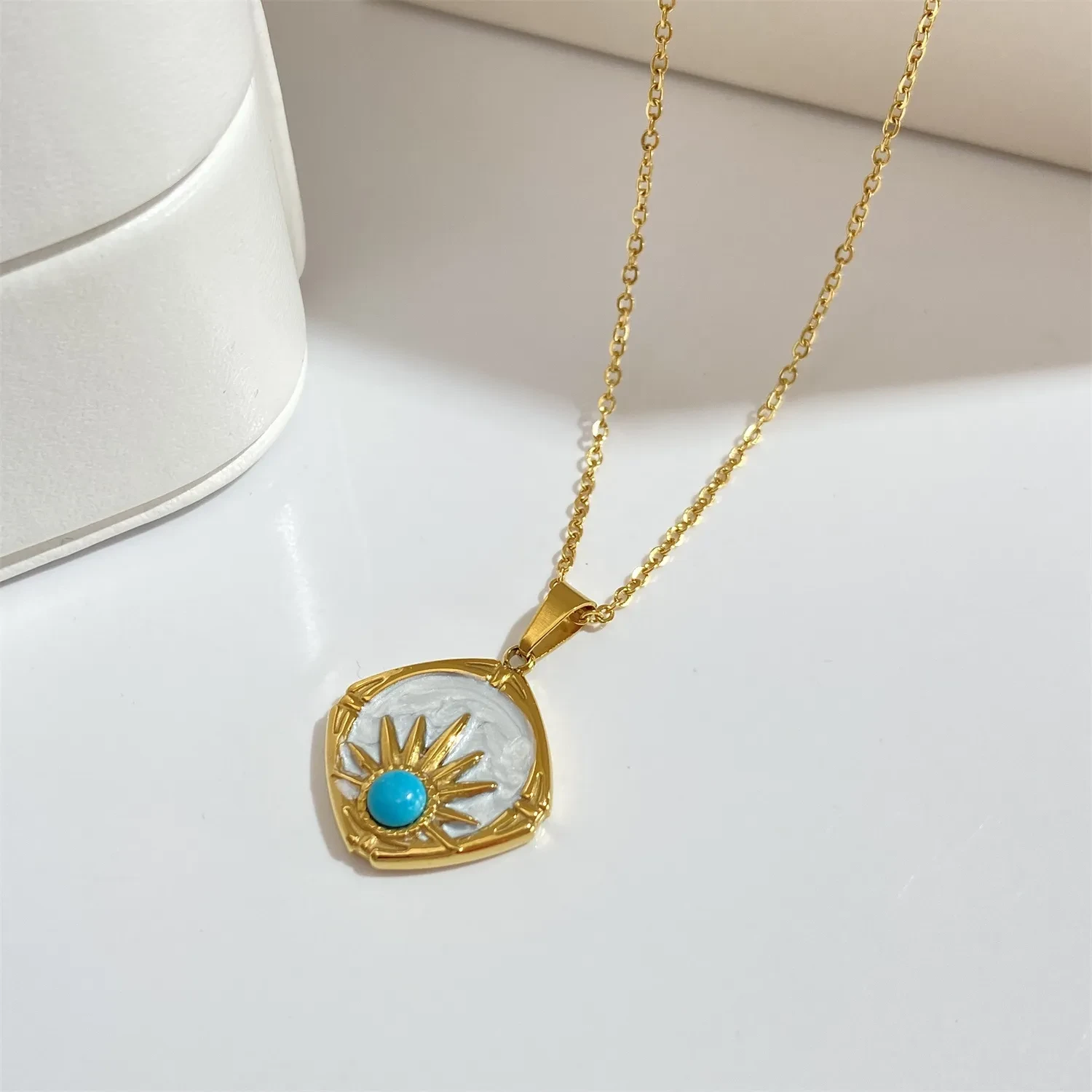 Drop Oil Pearl Color Blue Turquoise Sun Pendant Necklace