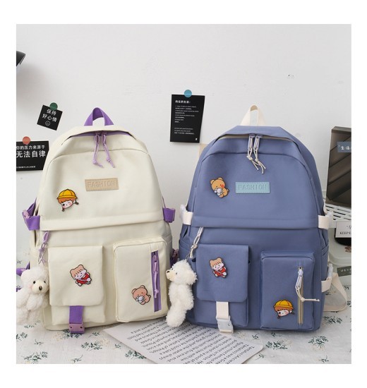 College Students' Backpack Five-piece Contrast Color Canvas School Bag