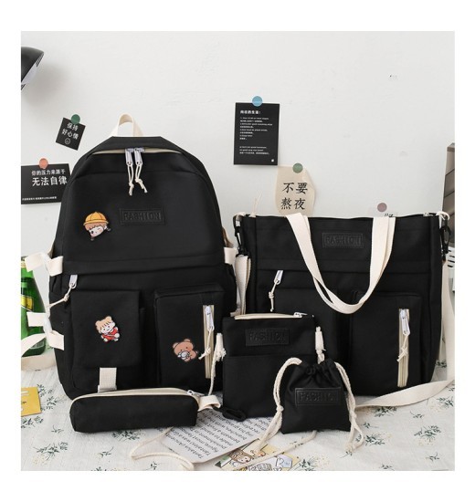 College Students' Backpack Five-piece Contrast Color Canvas School Bag