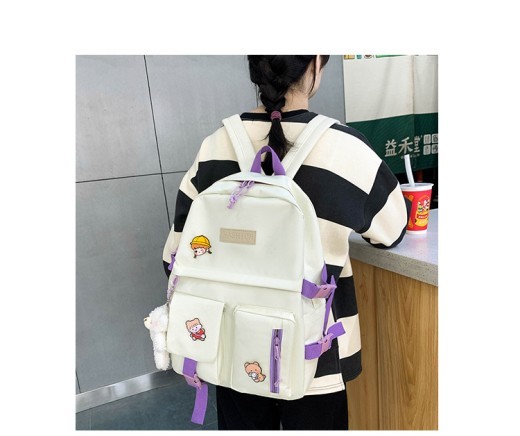 College Students' Backpack Five-piece Contrast Color Canvas School Bag
