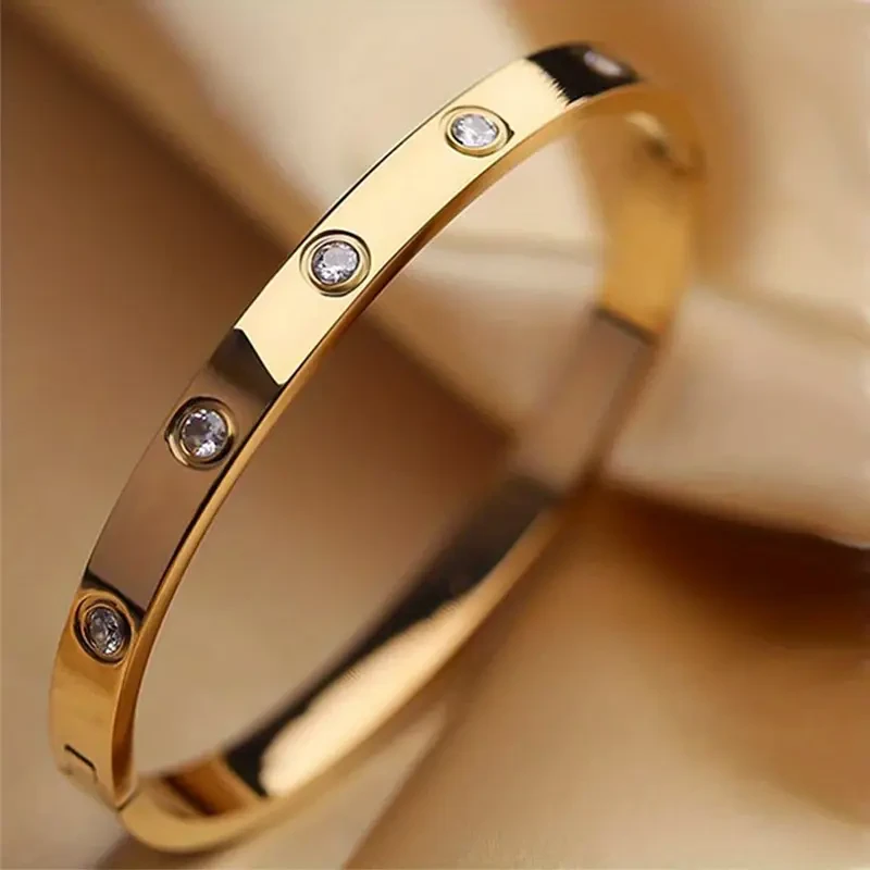 Titanium Steel Rhinestone Bangle Niche Oval Hand Jewelry for Ladies