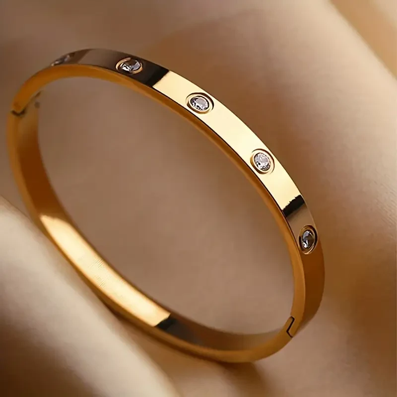 Titanium Steel Rhinestone Bangle Niche Oval Hand Jewelry for Ladies