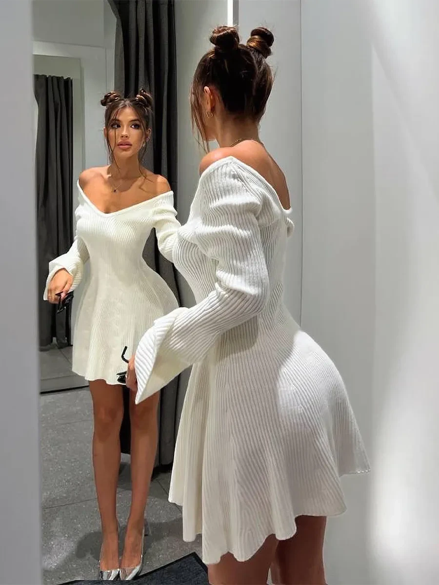 Sexy Slim V-Neck Long Sleeve Knitted Dress