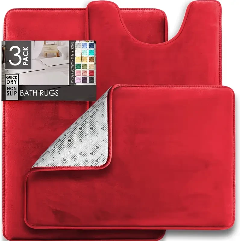 3pcs SoftTouch Memory Foam Bath Mats - Non-Slip, Stain Resistant, Quick-Dry, Foot Massage Design, 600gsm, 1.19cm Thick, Rectangular Polyester Rugs with PVC Backing for Bathroom, Kitchen, Laundry Room - Perfect for Valentine's & Patrick's Day Decor, Bath A