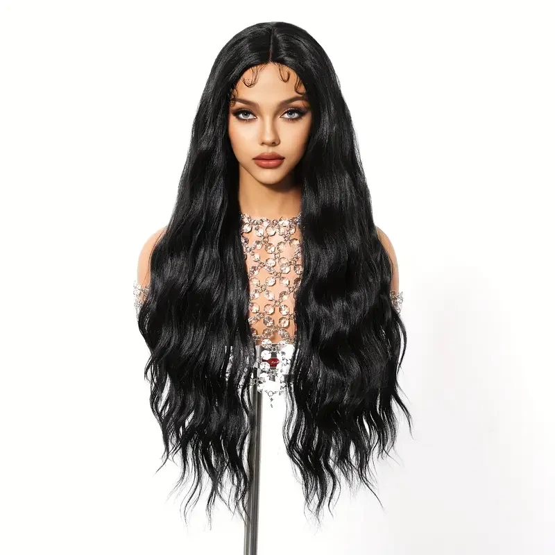 71.12 cm Women'S Black Imported Silk Small T Front Lace Wig Head Set Medium Parted Long Curly Hair Wig, Elegant And Fashionable, Suitable for Daily Use