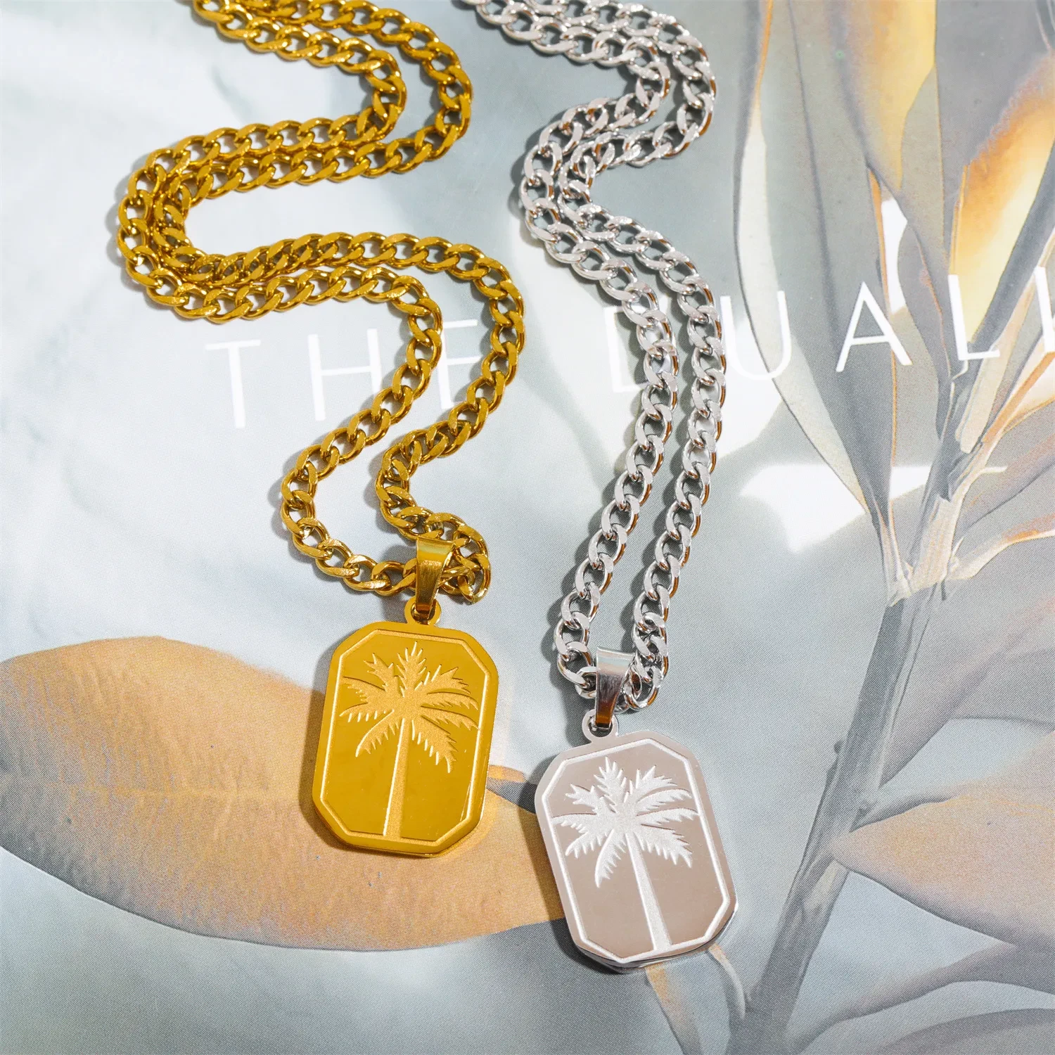 Stainless Steel Palm Leaf Square Pendant Necklace Trendy Sweater Chain