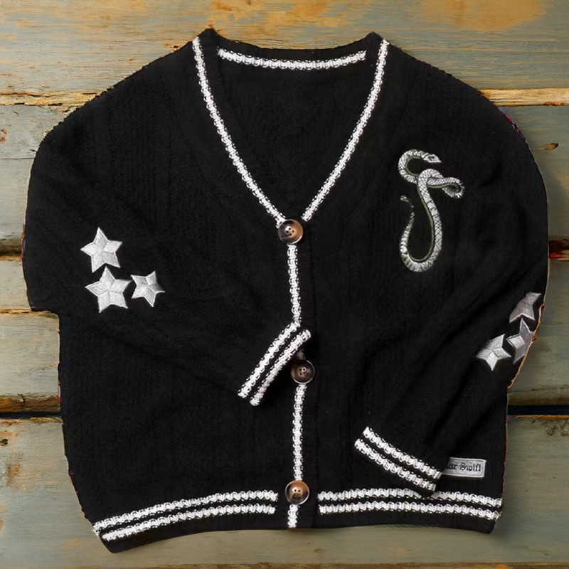 Reputation Cardigan with Snake Star Cardigan Rep Taylor Embroidery V-Neck Button Up Knitted Sweater