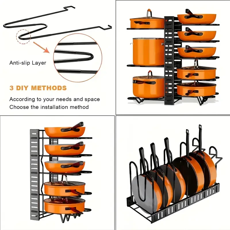 8-Tier Iron Pot Rack Organizer, Heavy-Duty Metal Pot and Pan Storage, Rust-Resistant Kitchen Rack with Anti-Slip Layers, Space-Saving Floor Standing Pot Holder for Home and Restaurant Use