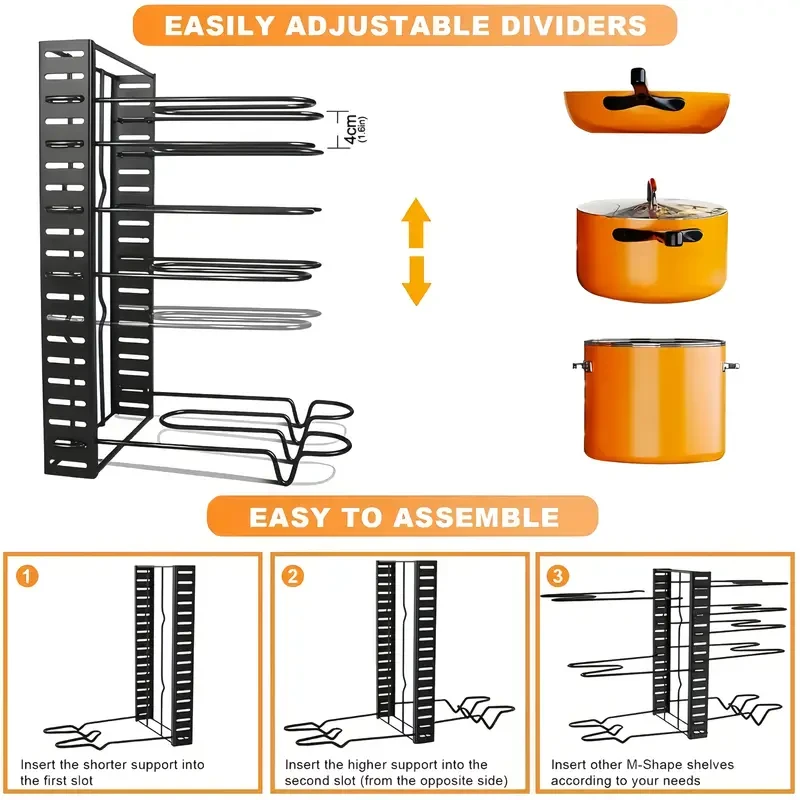 8-Tier Iron Pot Rack Organizer, Heavy-Duty Metal Pot and Pan Storage, Rust-Resistant Kitchen Rack with Anti-Slip Layers, Space-Saving Floor Standing Pot Holder for Home and Restaurant Use