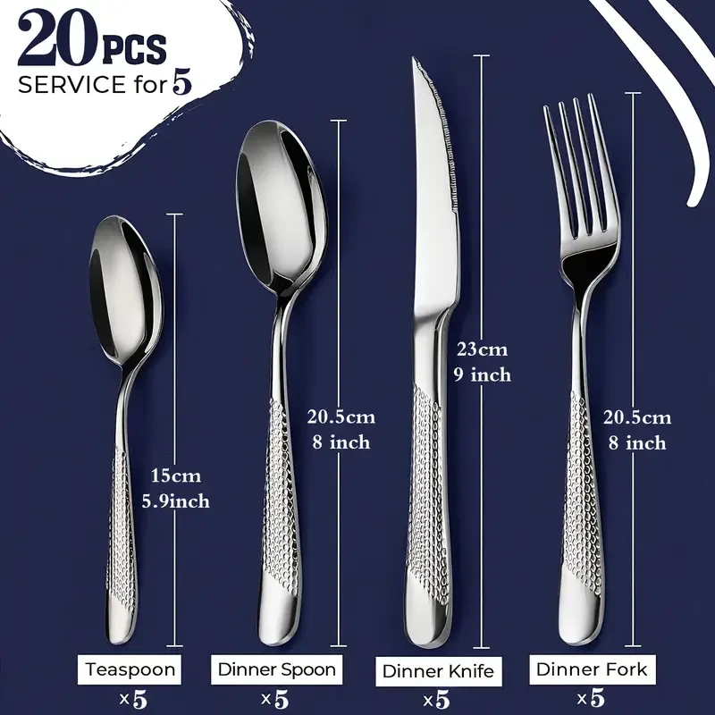 20/40pcs Silverware Set, Hammer Texture Handle, Durable Tableware Including Spoon, Fork, Knife, Mirror Polished High Quality Stainless Steel, Dishwasher Safe, Suitable for Home Kitchen, Restaurant, Hotel, Party, Wedding