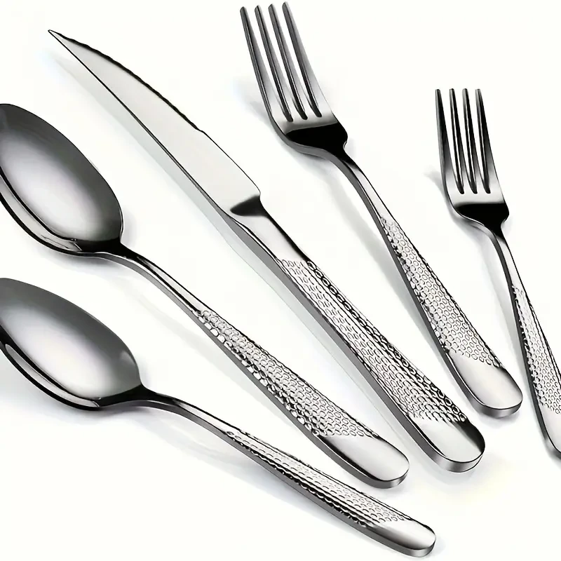 20/40pcs Silverware Set, Hammer Texture Handle, Durable Tableware Including Spoon, Fork, Knife, Mirror Polished High Quality Stainless Steel, Dishwasher Safe, Suitable for Home Kitchen, Restaurant, Hotel, Party, Wedding