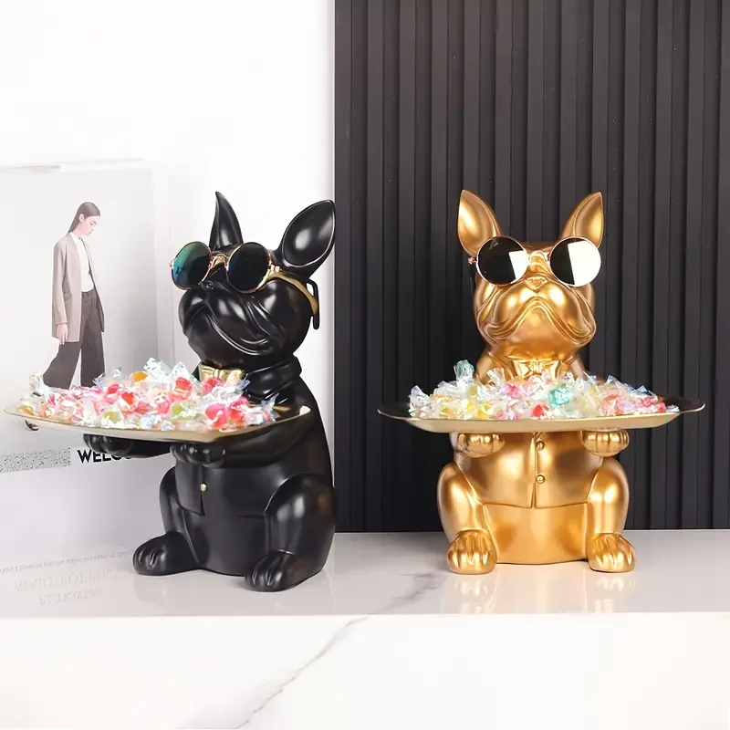 1pc, Decorative Resin Bulldog Sculpture With Tray, Multifunctional Black Bulldog Statue For Storage & Display, Home & Office Desk Decor, Eye-catching Resin Bulldog With Sunglasses Design, Practical And Stylish Organizer