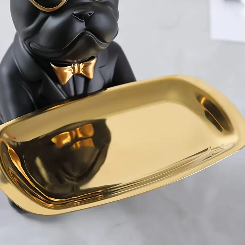 1pc, Decorative Resin Bulldog Sculpture With Tray, Multifunctional Black Bulldog Statue For Storage & Display, Home & Office Desk Decor, Eye-catching Resin Bulldog With Sunglasses Design, Practical And Stylish Organizer