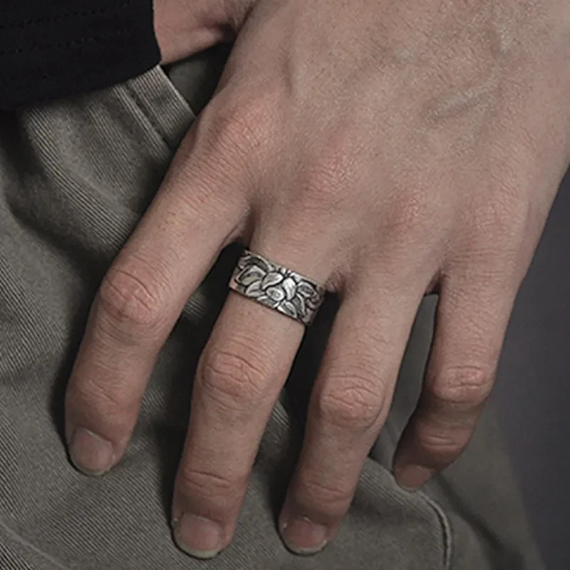 Thai Silver Black Men'S And Women'S Lotus Heart Sutra Ring