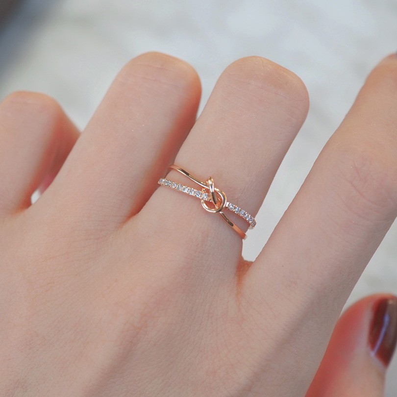 Elegant Artistic Dense Inlaid Zircon Knot Double Layer Ring For Women