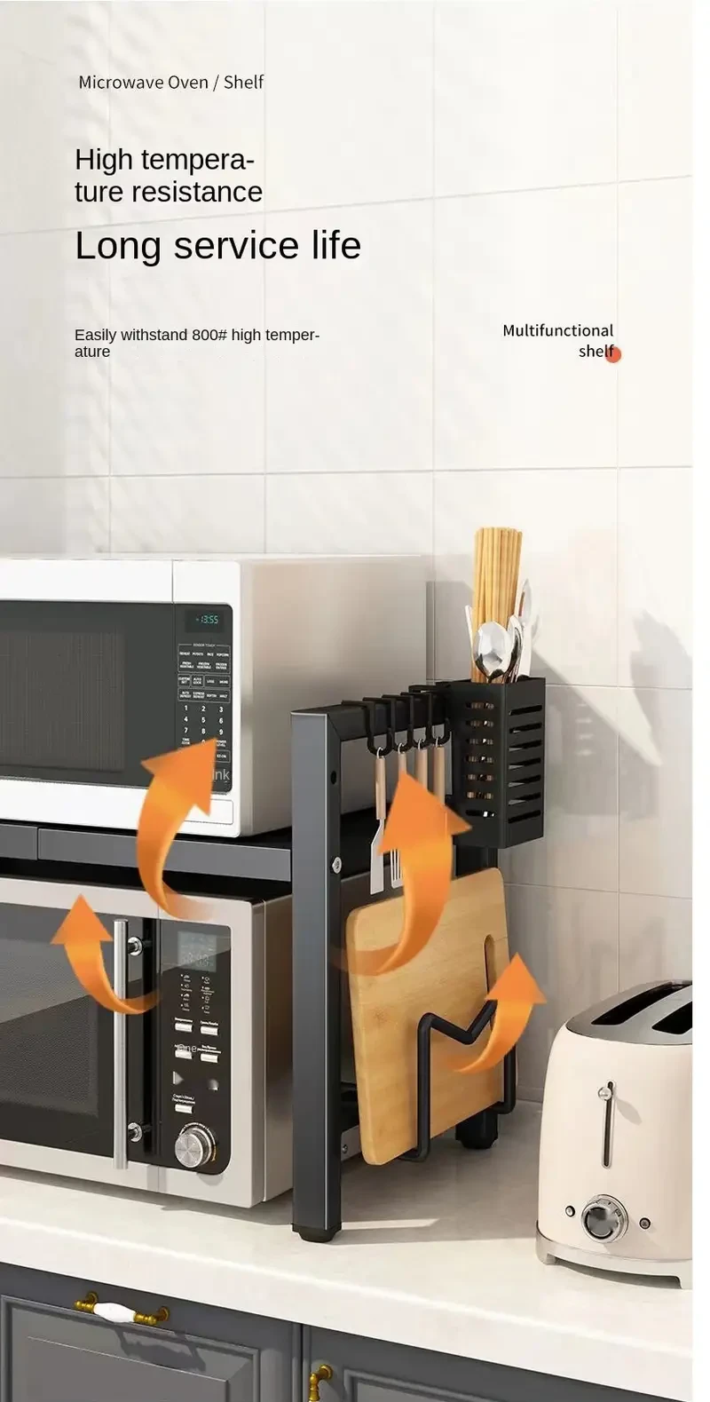 1pc LANTUTU Expandable Microwave Oven Rack - Stainless Steel 2-Tier Countertop Organizer with 6 Hooks, Ideal for Kitchen Utensils & Spices Storage - Perfect Mother's Day Gift