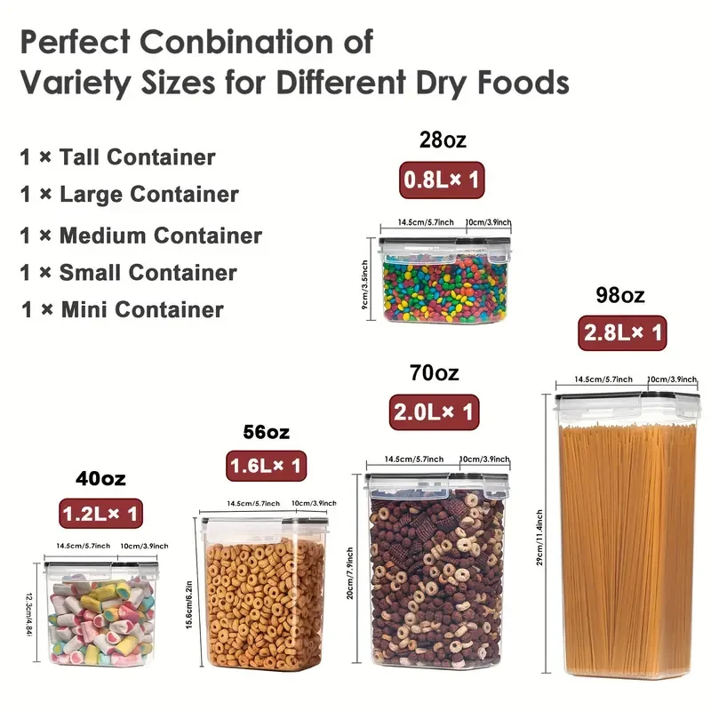 5pcs Airtight Food Storage Container Set, BPA-Free Plastic Kitchen Pantry Organization Canisters, Dishwasher Safe, with Lids, Labels & Marker for Cereal, Flour, Pasta, Snack & Sugar