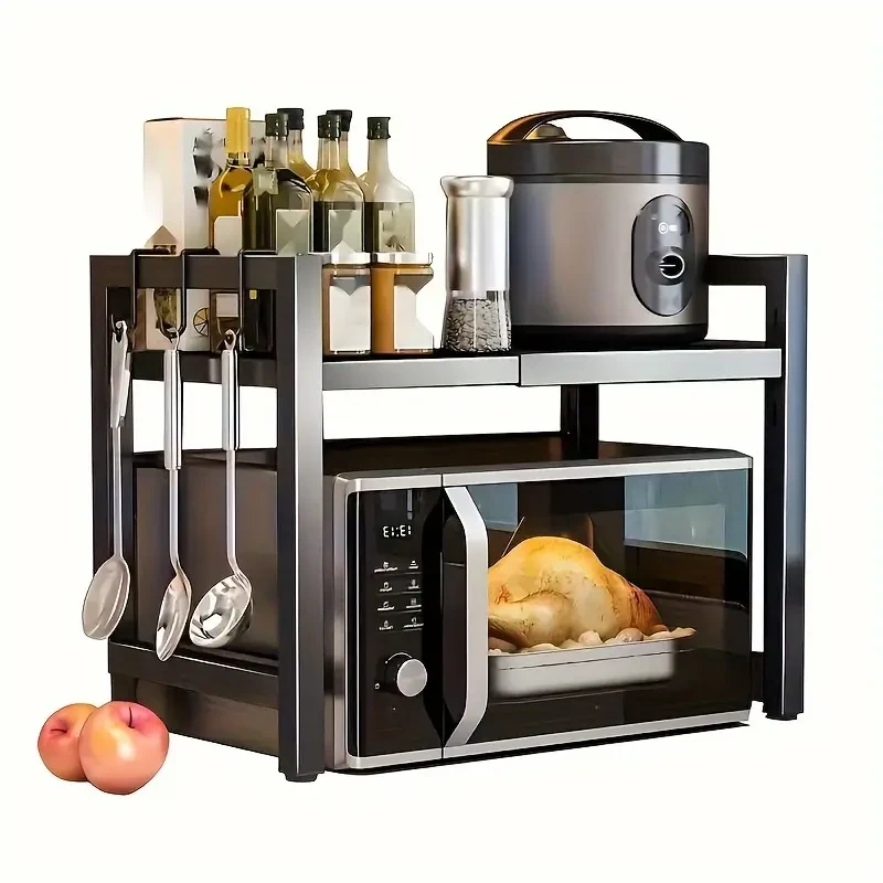 1pc Microwave Oven Rack, Expandable Microwave Stand, Countertop Kitchen Utensils Tableware Storage Rack, Carbon Steel Over Microwave Shelf With 6 Hook