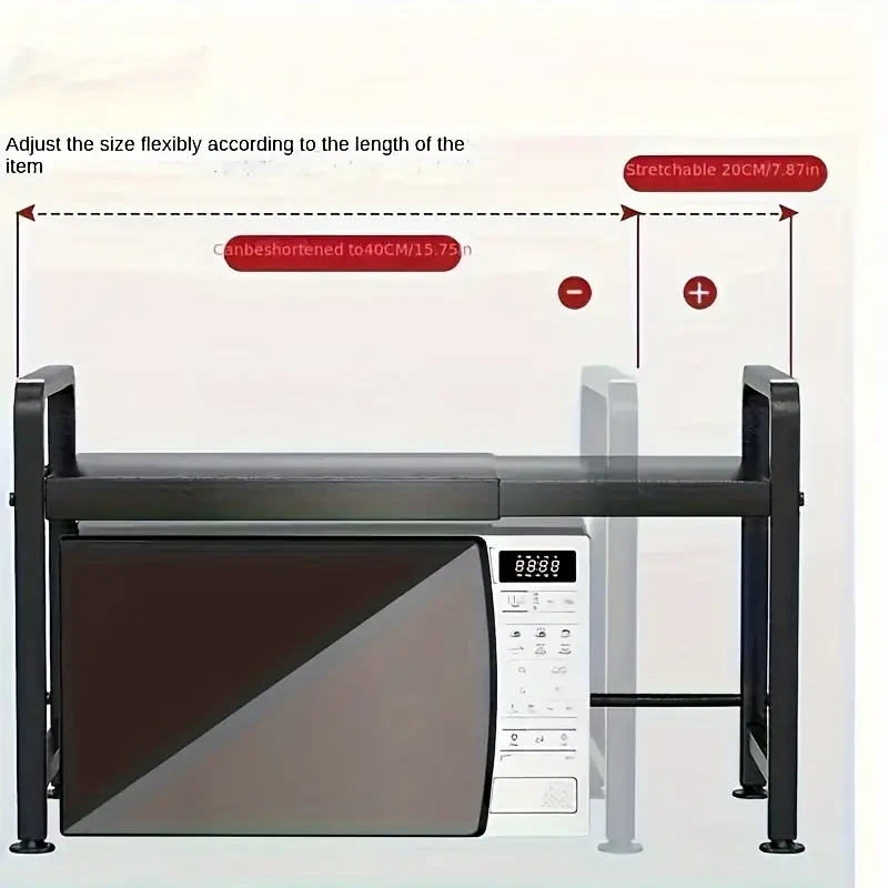 1pc Microwave Oven Rack, Expandable Microwave Stand, Countertop Kitchen Utensils Tableware Storage Rack, Carbon Steel Over Microwave Shelf With 6 Hook