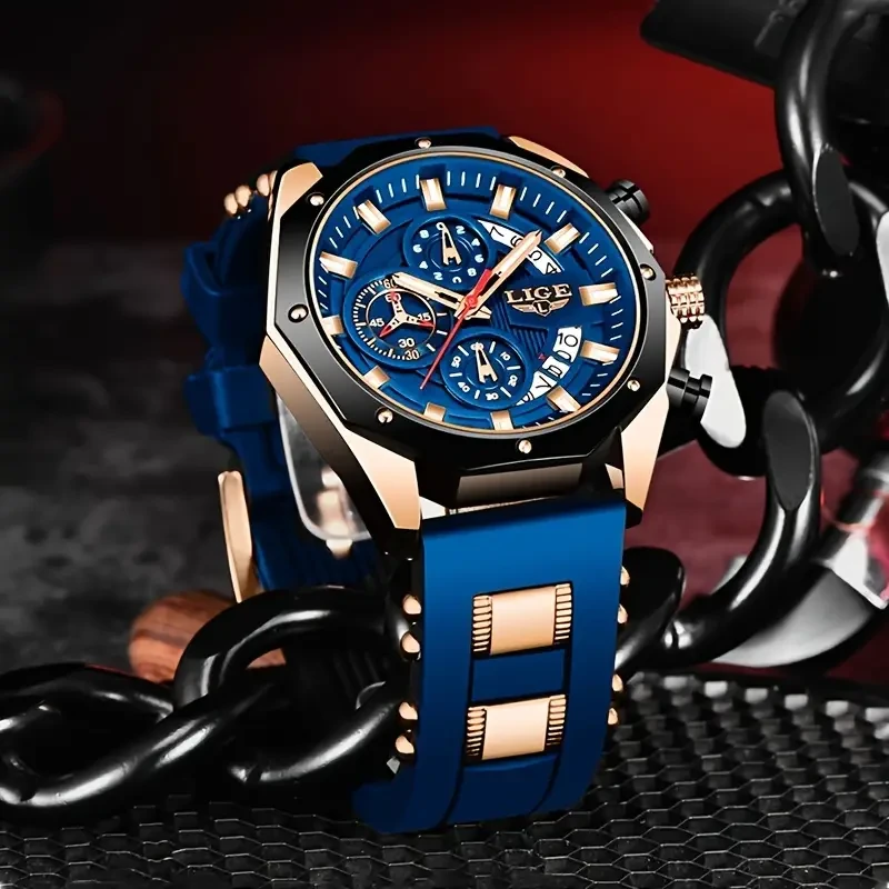 LIGE Men's Luxury Silicone Strap Waterproof Sport Quartz Watch - Chronograph Military Clock