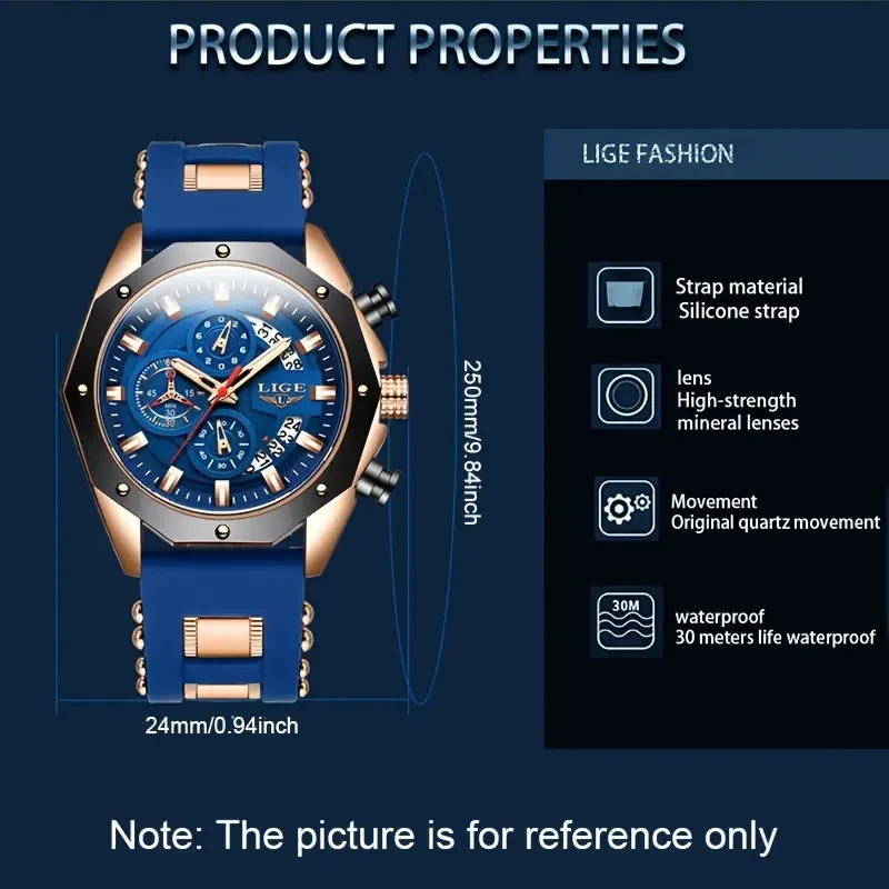 LIGE Men's Luxury Silicone Strap Waterproof Sport Quartz Watch - Chronograph Military Clock