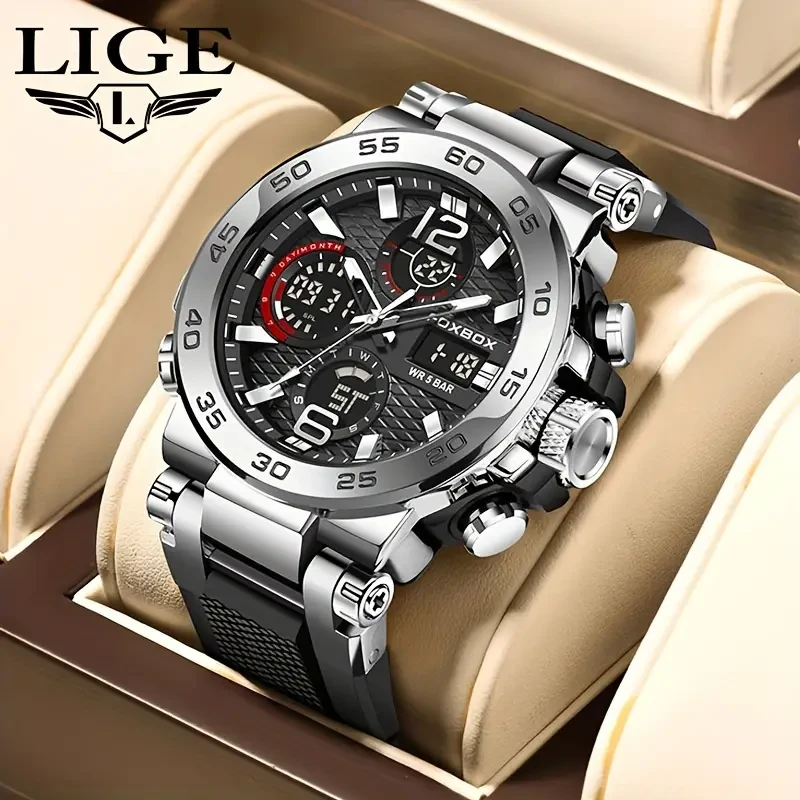 LIGE Men's 50M Waterproof Dual Display Watch - Quartz Military Sports Watch with Alarm Clock