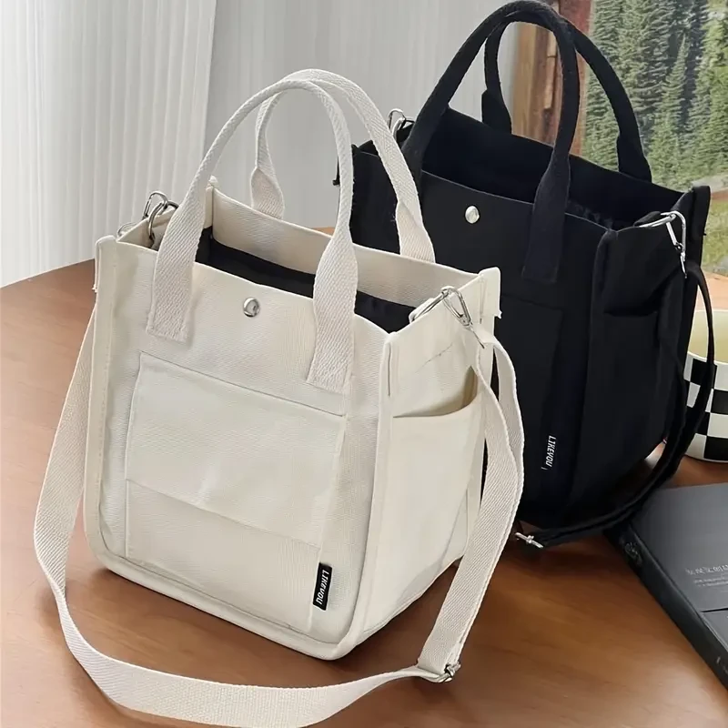 Black Canvas Tote Bag with Pockets