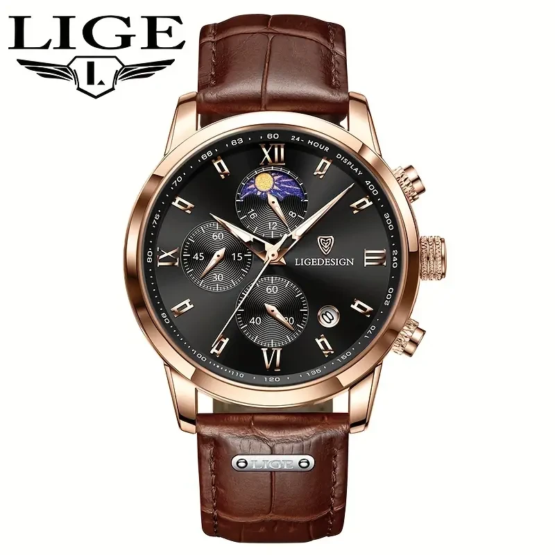LIGE Men's Watch with Leather Strap - Outdoor Sports Waterproof Chronograph with Luminous Calendar