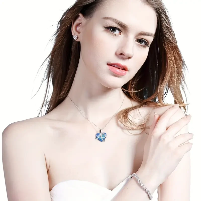 925 Sterling Silver "I Love You Forever" Heart-shaped Pendant Necklace With Blue Artificial Crystal