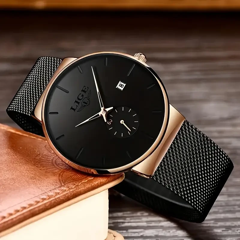 LIGE Men's Minimalist Black Quartz Watch with Rose Golden Accents