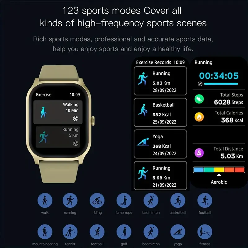 Smart Watch with 2.01 Inch Square Screen - Answer & Make Calls, Message Push, 100+ Sports Modes, Fitness Tracker, Pedometer, Music Control, Outdoor Smartwatch for Android and iOS