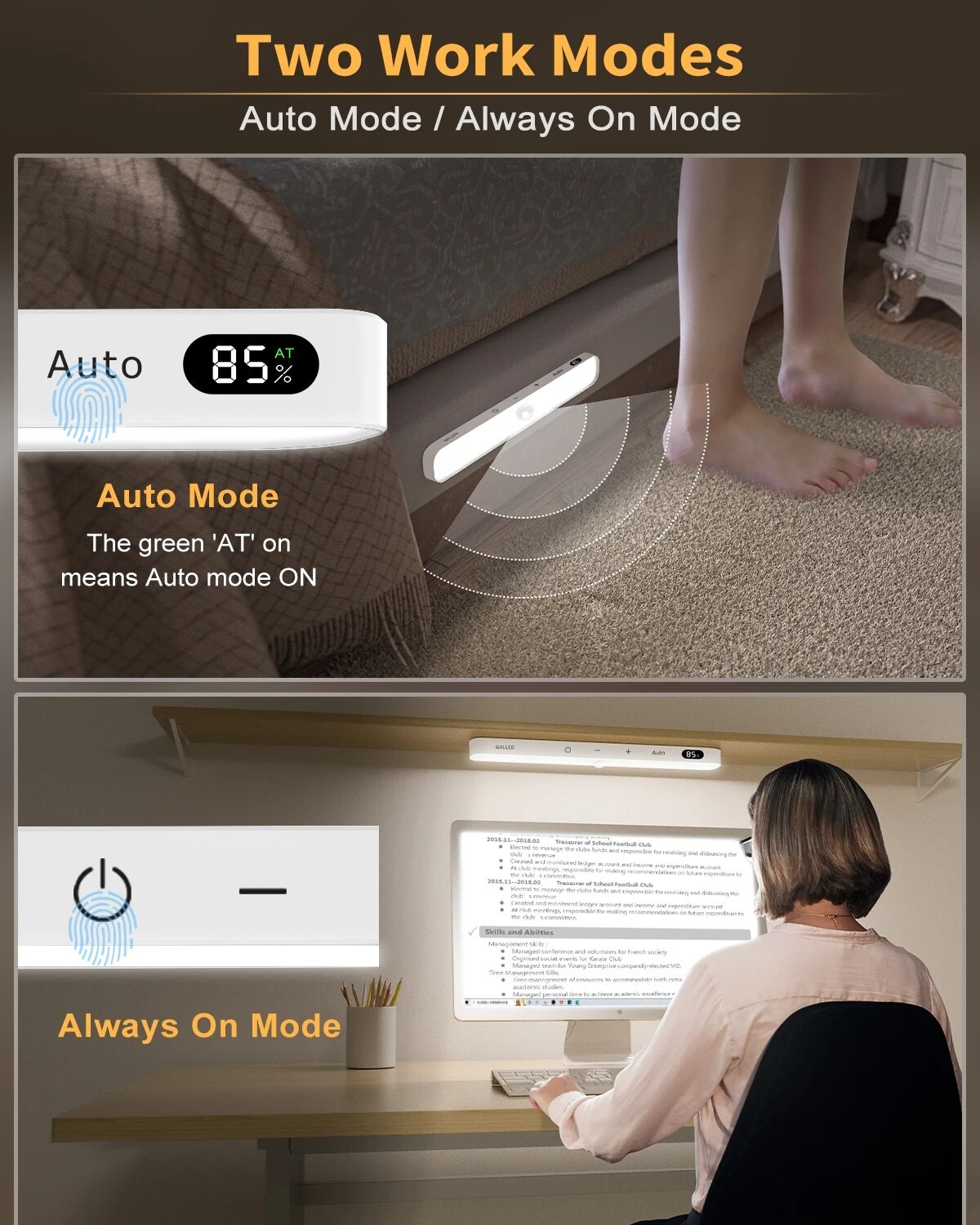 WILLED Motion Sensor Cabinet Light - 60 LED Wireless Rechargeable Touch Light Bar