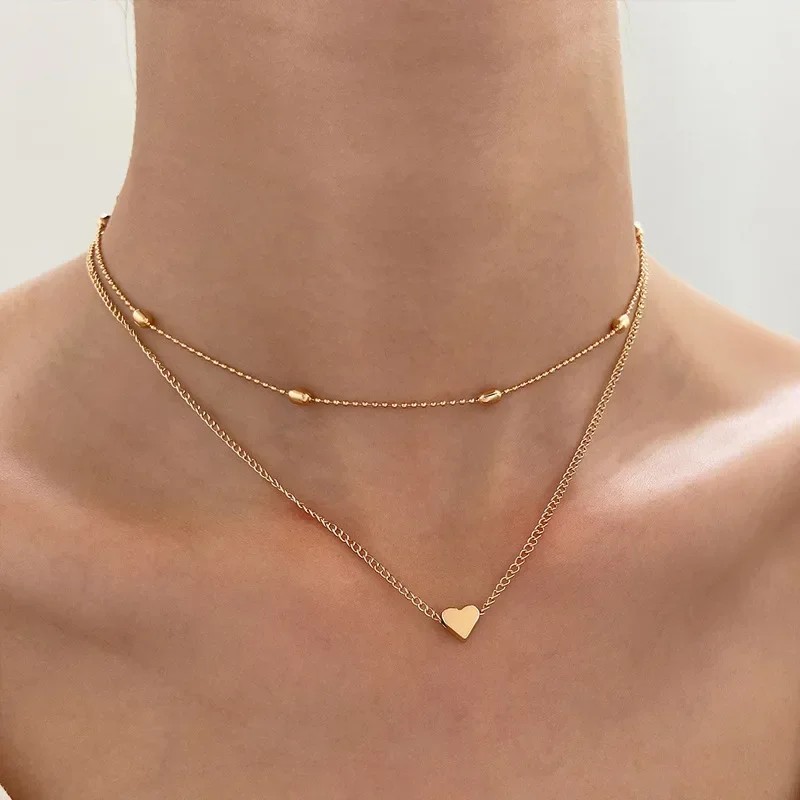 Multilayer Pendant Necklace with Crystal Zircon Heart and Star Charms