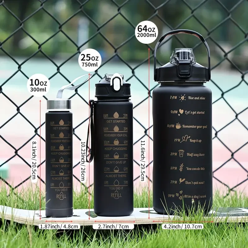 3-Piece Gradient Water Bottle Set - BPA Free, Leakproof & Time Marked