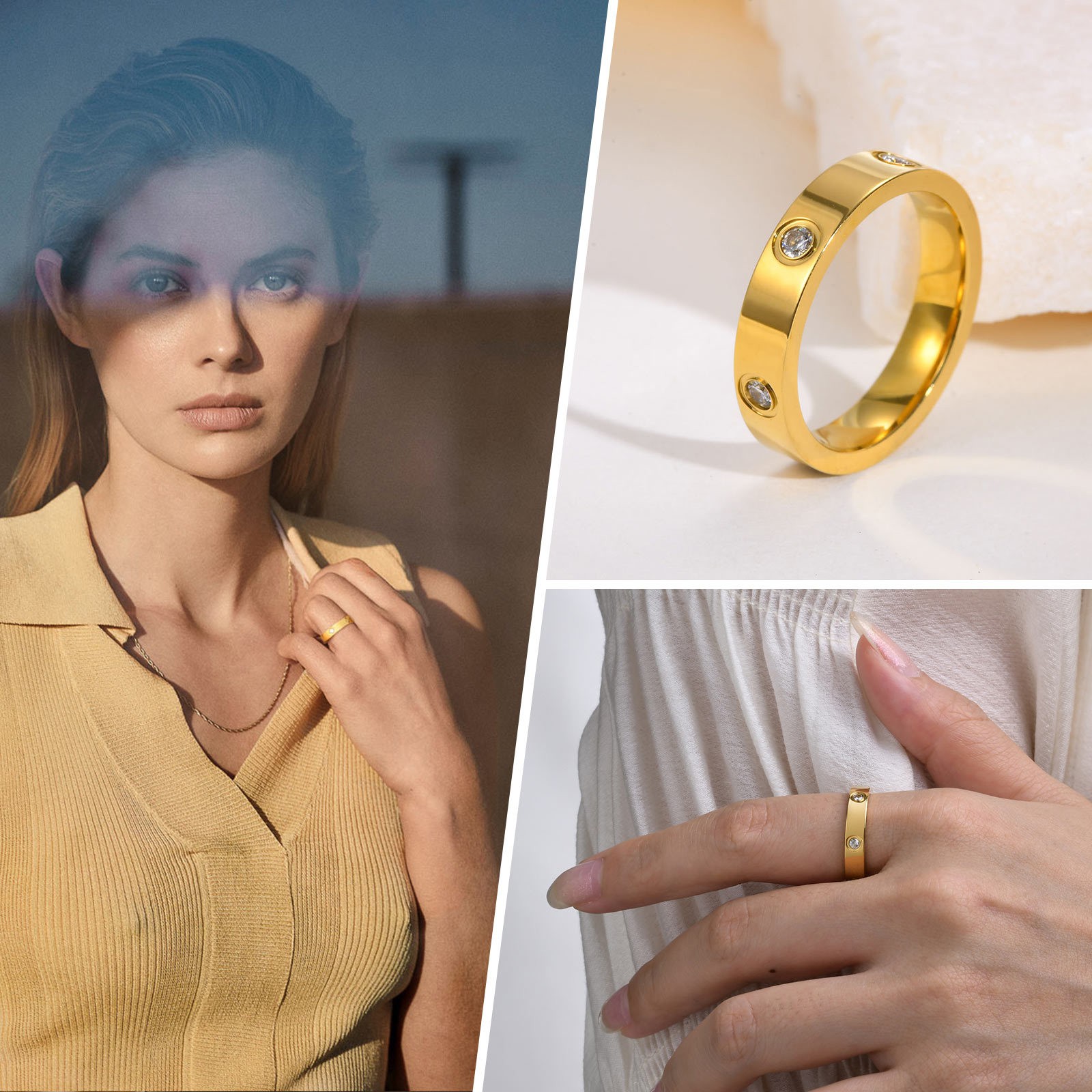 Dainty Cubic Zirconia Love Promise Rings - Gold Plated Stainless Steel Wedding Band