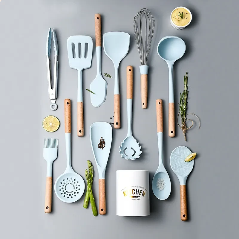 Creamy White Wooden Handle Silicone Kitchenware Set
