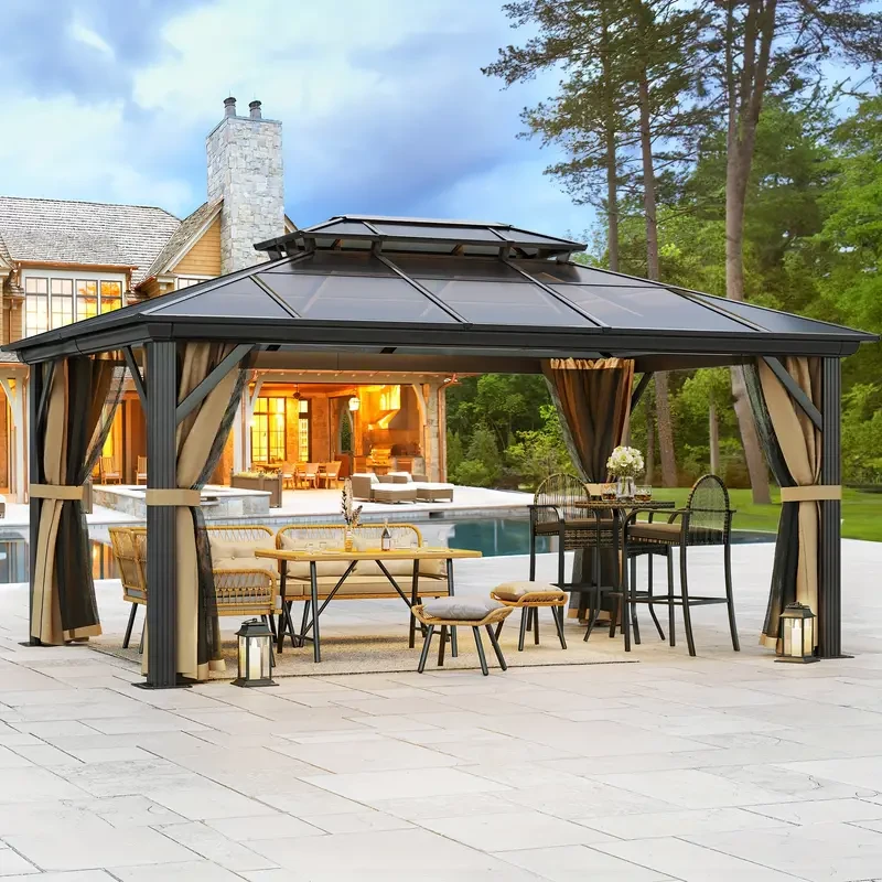 Balconera Gazebo - Polycarbonate Hardtop Double Roof Canopy with Netting and Shaded Curtains, Aluminum Frame (10x12ft, 12x12ft, 12x14ft, 12x16ft)