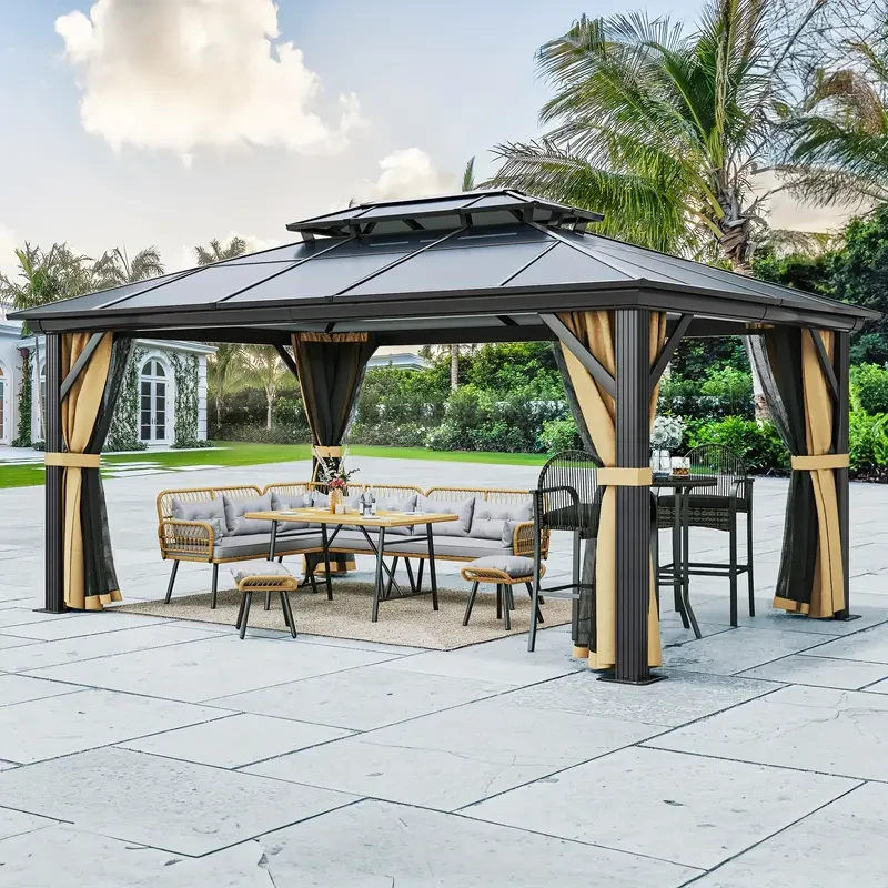 Balconera Gazebo - Polycarbonate Hardtop Double Roof Canopy with Netting and Shaded Curtains, Aluminum Frame (10x12ft, 12x12ft, 12x14ft, 12x16ft)