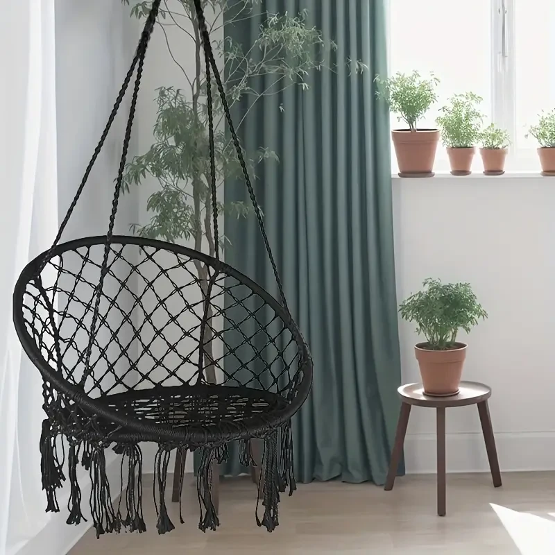 Hanging Hammock Chair - Cotton Rope with Macrame, Handmade Knitted Mesh for Indoor & Outdoor