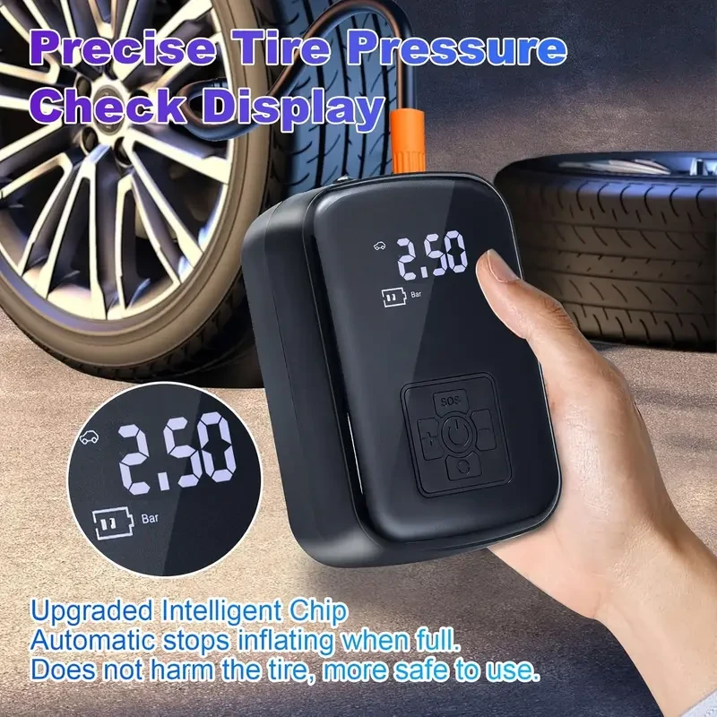 Digital Display Portable Air Compressor with USB Charging & LED Light