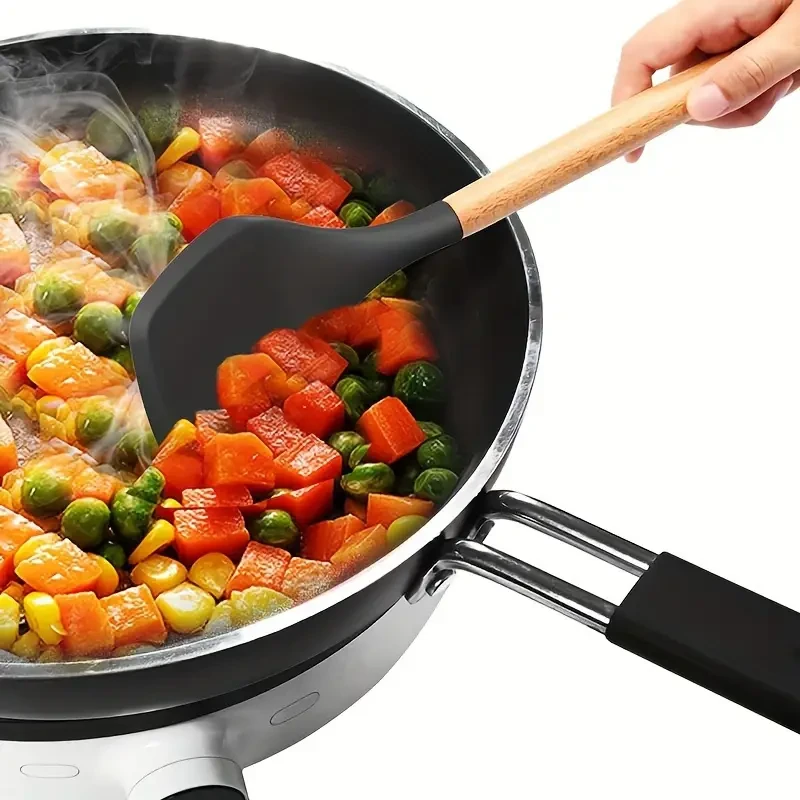 12pcs Silicone Kitchen Utensil Set with Wooden Handles - Heat Resistant, Non-Stick Cooking Tools Including Whisk, Spatulas, Ladle & More - Essential for Home and Restaurant Use, Silicone Cooking Utensils